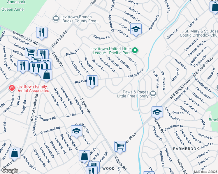 map of restaurants, bars, coffee shops, grocery stores, and more near 19 Ruby Lane in Levittown