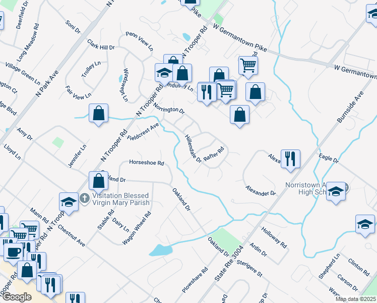 map of restaurants, bars, coffee shops, grocery stores, and more near 2440 Hillendale Drive in Norristown