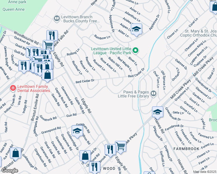 map of restaurants, bars, coffee shops, grocery stores, and more near 19 Ruby Lane in Levittown