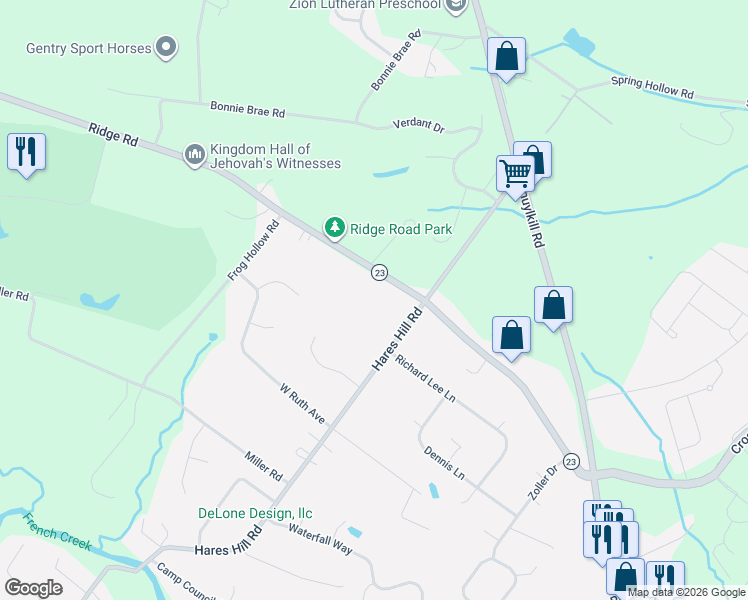 map of restaurants, bars, coffee shops, grocery stores, and more near 72 Ridge Road in Phoenixville
