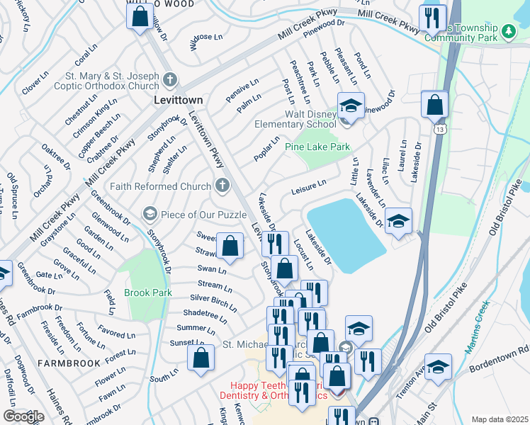 map of restaurants, bars, coffee shops, grocery stores, and more near 76 Lakeside Dr in Levittown