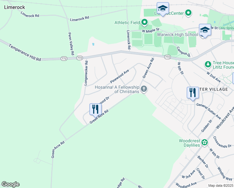 map of restaurants, bars, coffee shops, grocery stores, and more near 32 Buttonwood Drive in Lititz