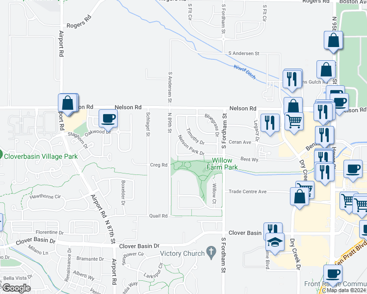 map of restaurants, bars, coffee shops, grocery stores, and more near 715 Nelson Park Drive in Longmont