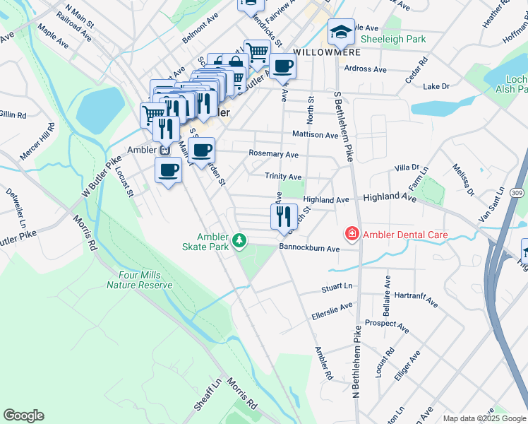map of restaurants, bars, coffee shops, grocery stores, and more near 257 Southern Avenue in Ambler