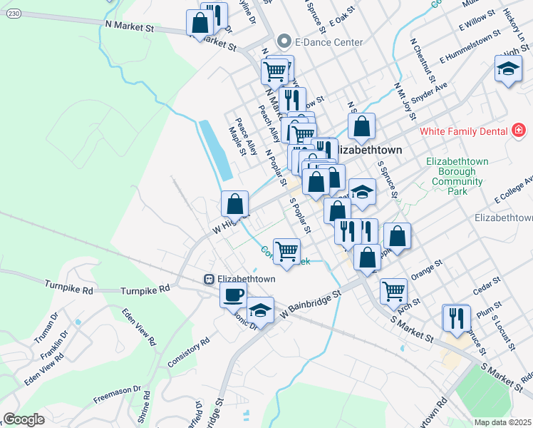 map of restaurants, bars, coffee shops, grocery stores, and more near 209 West High Street in Elizabethtown
