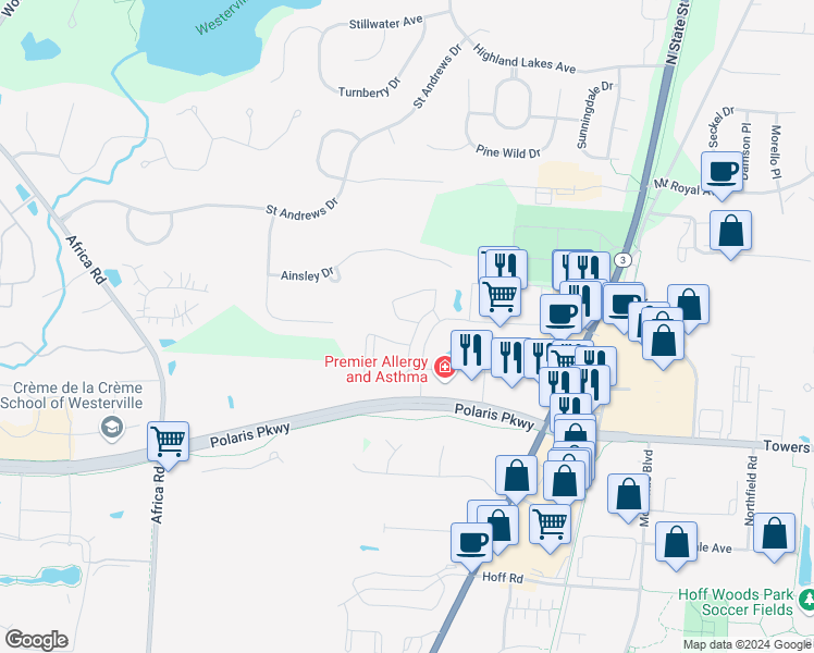 map of restaurants, bars, coffee shops, grocery stores, and more near 165 Red Bluff Lane in Westerville