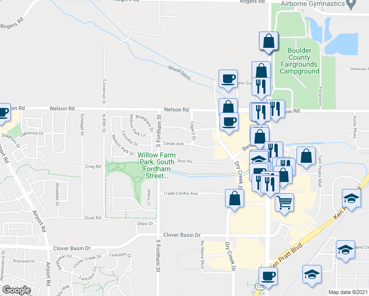 map of restaurants, bars, coffee shops, grocery stores, and more near 1001 Alta Vita Court in Longmont