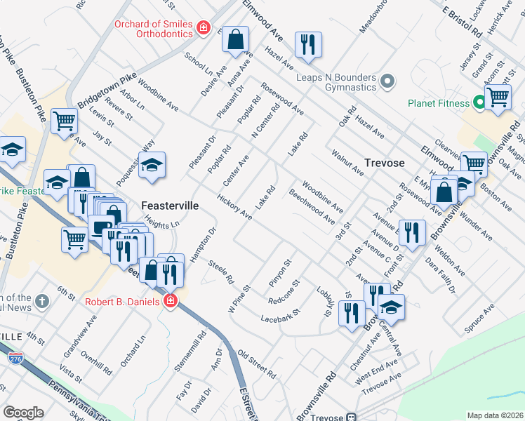 map of restaurants, bars, coffee shops, grocery stores, and more near 1423 Lake Road in Feasterville-Trevose