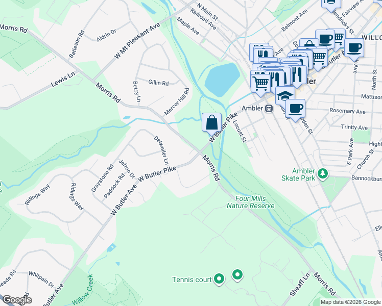 map of restaurants, bars, coffee shops, grocery stores, and more near 33 Morris Road in Ambler