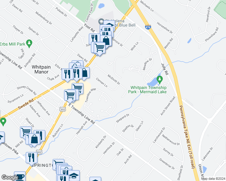 map of restaurants, bars, coffee shops, grocery stores, and more near 1316 Cernan Lane in Blue Bell