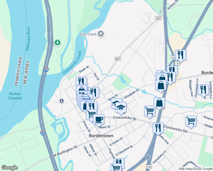 map of restaurants, bars, coffee shops, grocery stores, and more near 70 Park Street in Bordentown