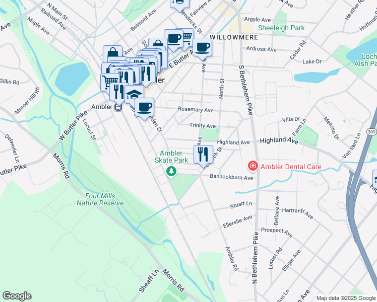 map of restaurants, bars, coffee shops, grocery stores, and more near 257 Southern Avenue in Ambler