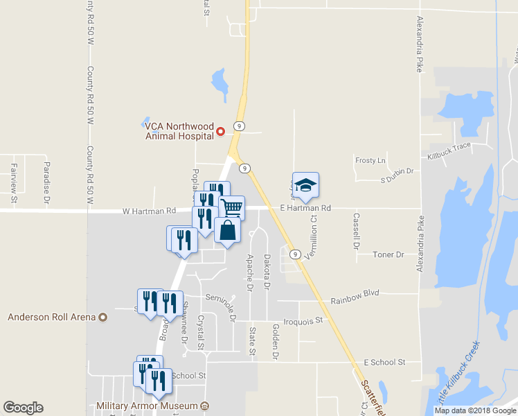 map of restaurants, bars, coffee shops, grocery stores, and more near 4621 State Street in Anderson