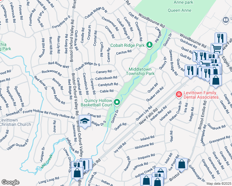 map of restaurants, bars, coffee shops, grocery stores, and more near 119 Cobalt Ridge Drive South in Levittown