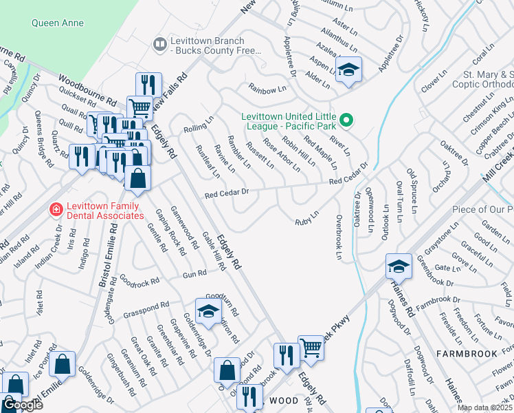 map of restaurants, bars, coffee shops, grocery stores, and more near 38 Roundabout Lane in Levittown