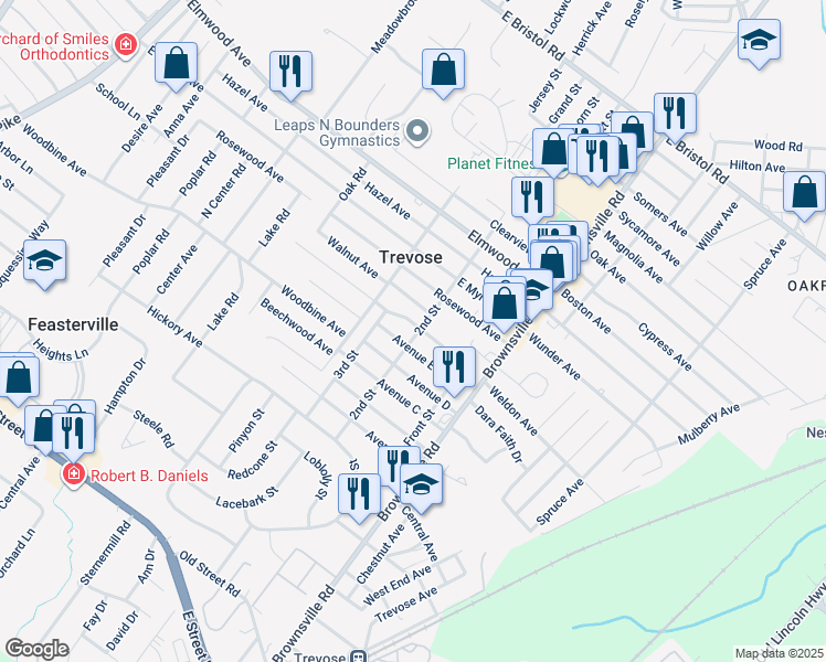 map of restaurants, bars, coffee shops, grocery stores, and more near 533 Avenue F in Trevose