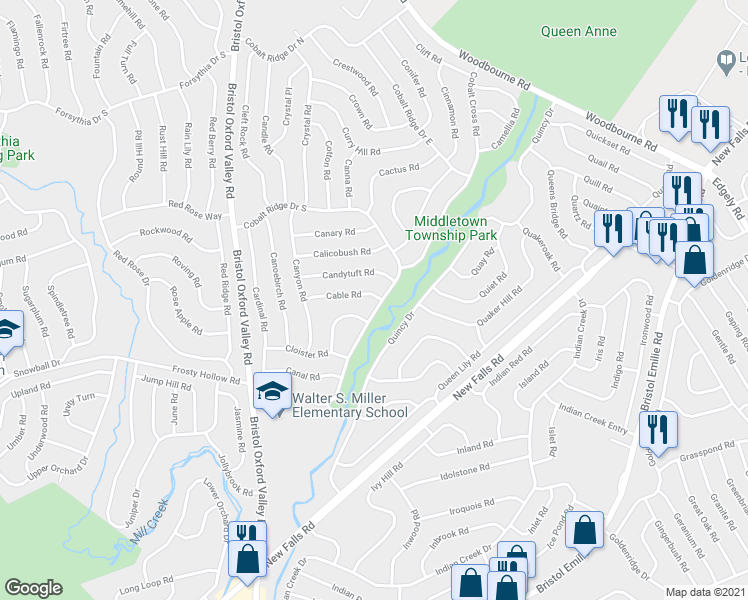 map of restaurants, bars, coffee shops, grocery stores, and more near 119 Cobalt Ridge Drive South in Levittown