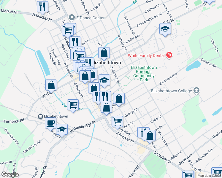 map of restaurants, bars, coffee shops, grocery stores, and more near 112 East Washington Street in Elizabethtown