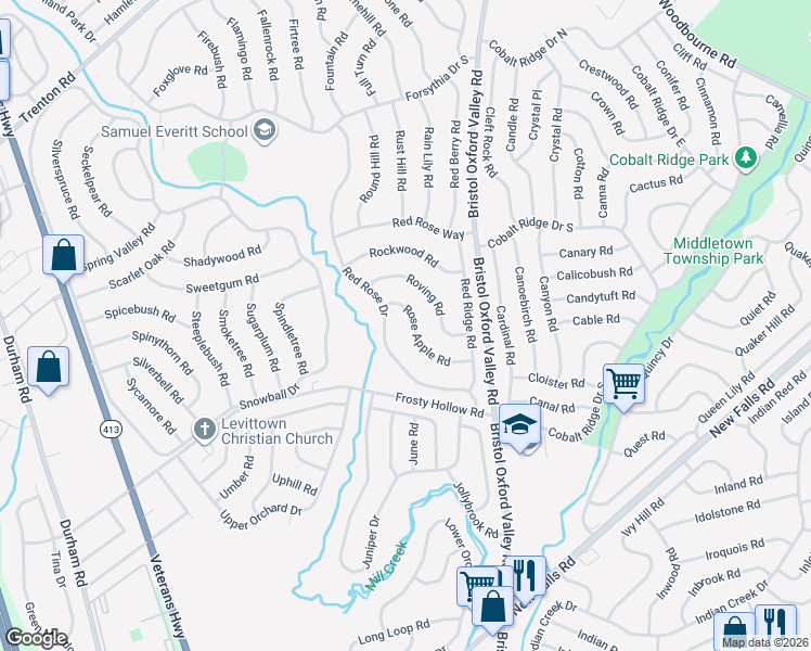 map of restaurants, bars, coffee shops, grocery stores, and more near 11 Rose Apple Road in Levittown