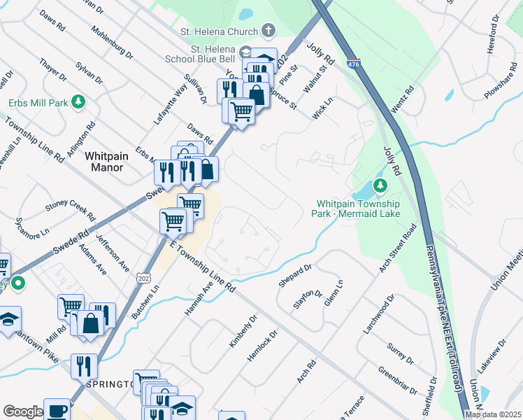 map of restaurants, bars, coffee shops, grocery stores, and more near 1328 Cernan Lane in Blue Bell