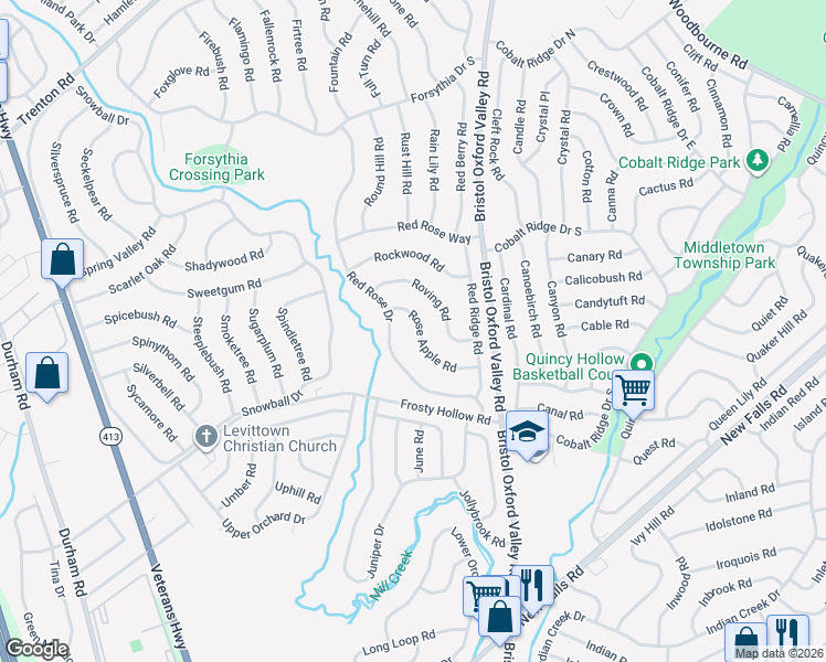 map of restaurants, bars, coffee shops, grocery stores, and more near 11 Rose Apple Road in Levittown