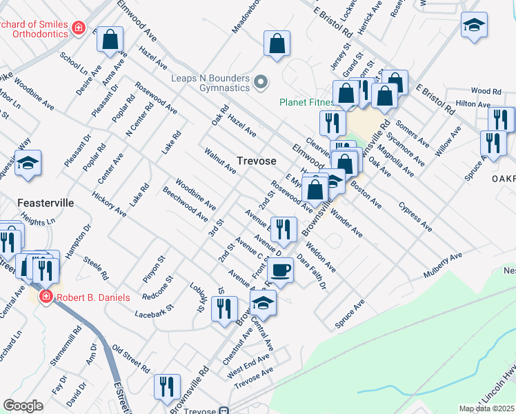 map of restaurants, bars, coffee shops, grocery stores, and more near 533 Avenue F in Trevose