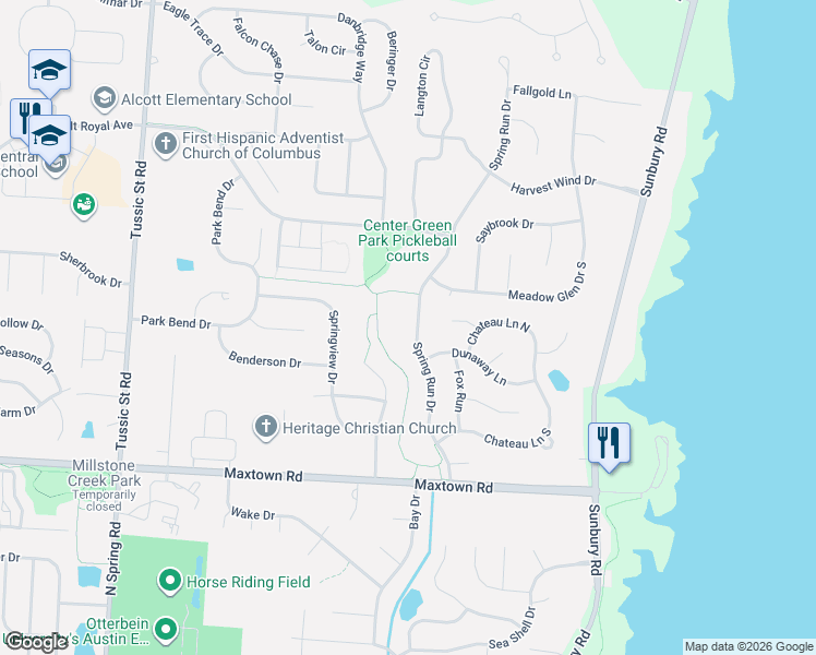 map of restaurants, bars, coffee shops, grocery stores, and more near 6630 Spring Run Drive in Westerville