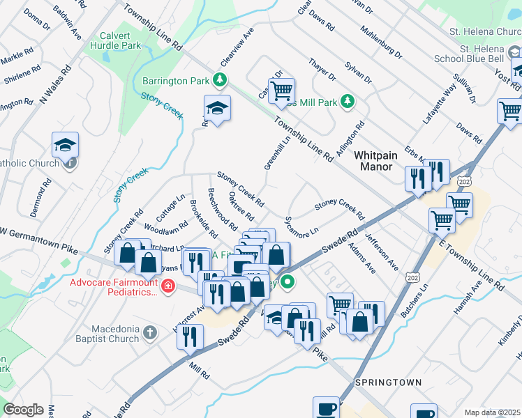 map of restaurants, bars, coffee shops, grocery stores, and more near 3044 Stoney Creek Road in Montgomery County