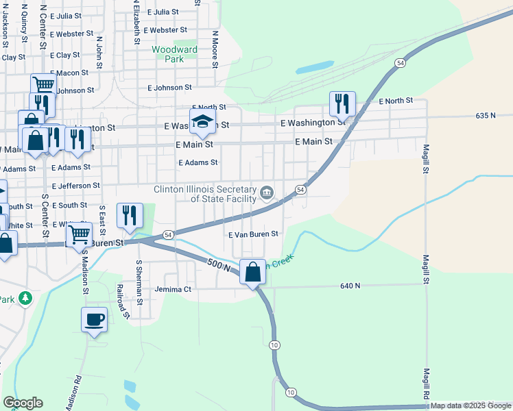 map of restaurants, bars, coffee shops, grocery stores, and more near 1205 East South Street in Clinton
