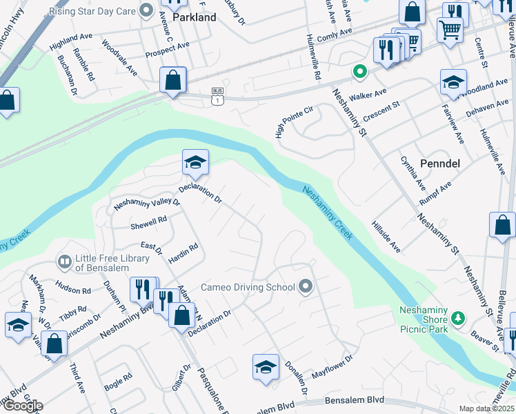 map of restaurants, bars, coffee shops, grocery stores, and more near 3129 Addison Court in Bensalem