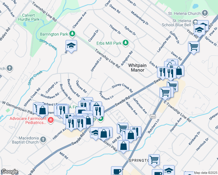 map of restaurants, bars, coffee shops, grocery stores, and more near 3107 Stoney Creek Road in Montgomery County