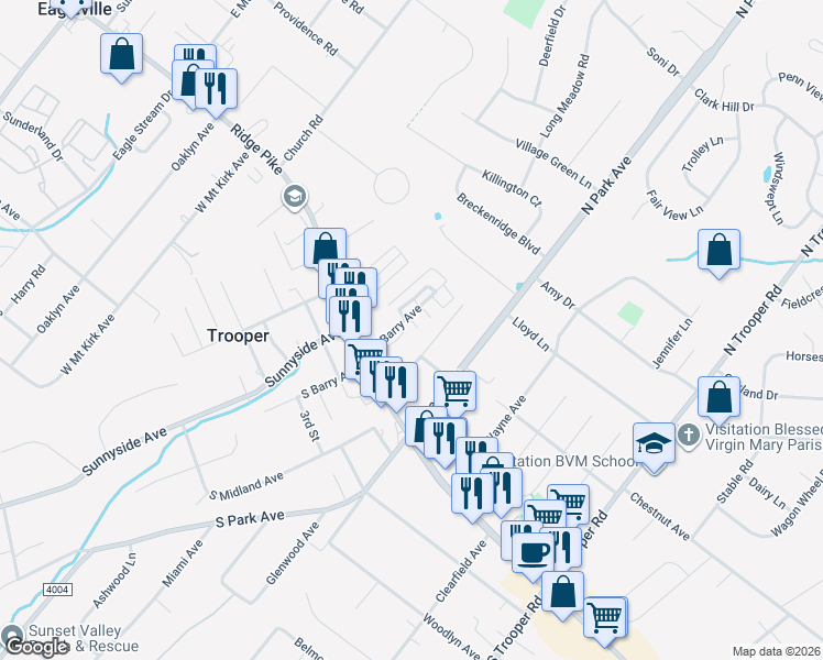 map of restaurants, bars, coffee shops, grocery stores, and more near 228 Dana Drive in Norristown