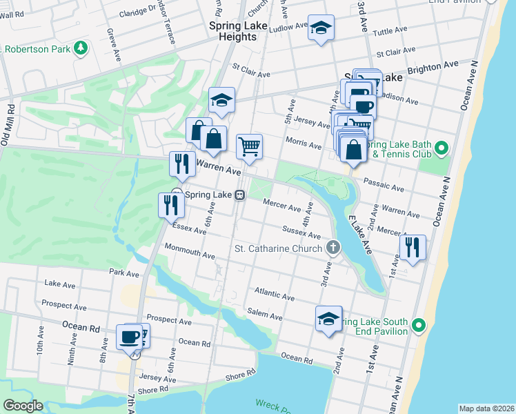 map of restaurants, bars, coffee shops, grocery stores, and more near 505 Mercer Avenue in Spring Lake