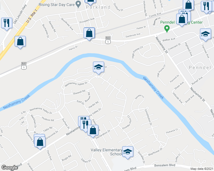 map of restaurants, bars, coffee shops, grocery stores, and more near 2909 Hamilton Court in Bensalem