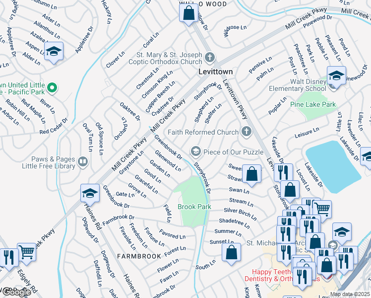 map of restaurants, bars, coffee shops, grocery stores, and more near 2 Shepherd Lane in Levittown