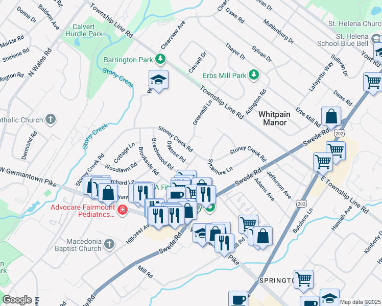 map of restaurants, bars, coffee shops, grocery stores, and more near 3044 Stoney Creek Road in Montgomery County