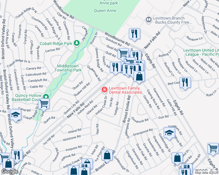 map of restaurants, bars, coffee shops, grocery stores, and more near 6524 New Falls Road in Levittown