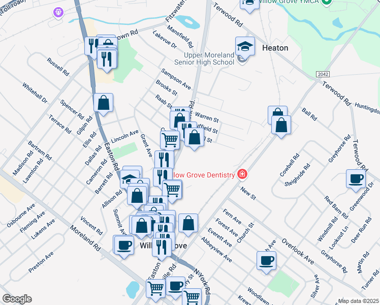 map of restaurants, bars, coffee shops, grocery stores, and more near 600 Pennsylvania 263 in Willow Grove