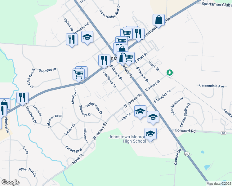 map of restaurants, bars, coffee shops, grocery stores, and more near 91 West College Avenue in Johnstown