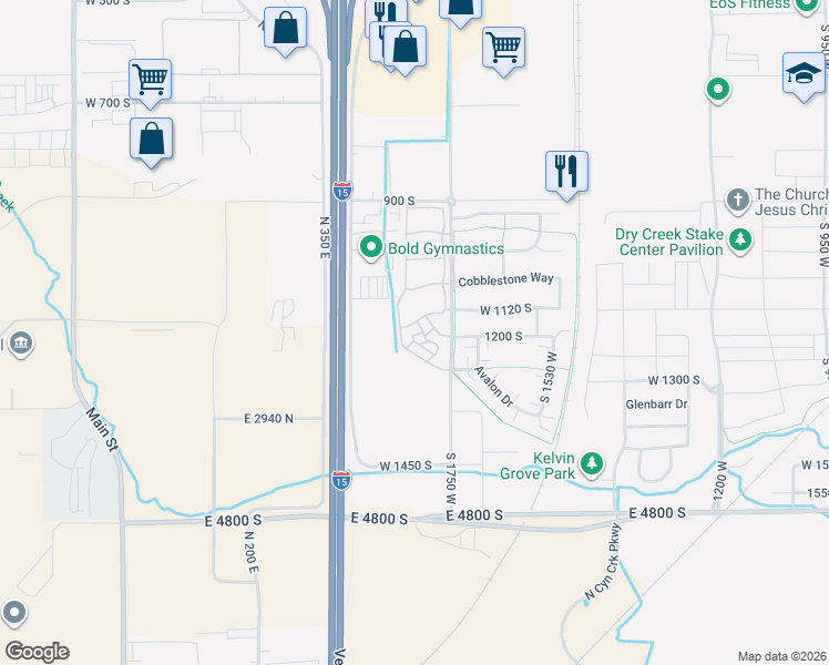 map of restaurants, bars, coffee shops, grocery stores, and more near 1830 1120 South in Springville