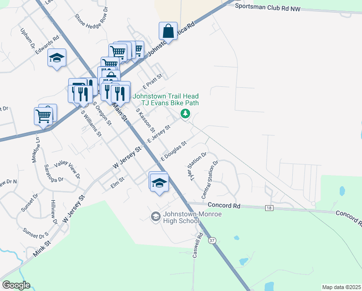 map of restaurants, bars, coffee shops, grocery stores, and more near 85 East Douglas Street in Johnstown