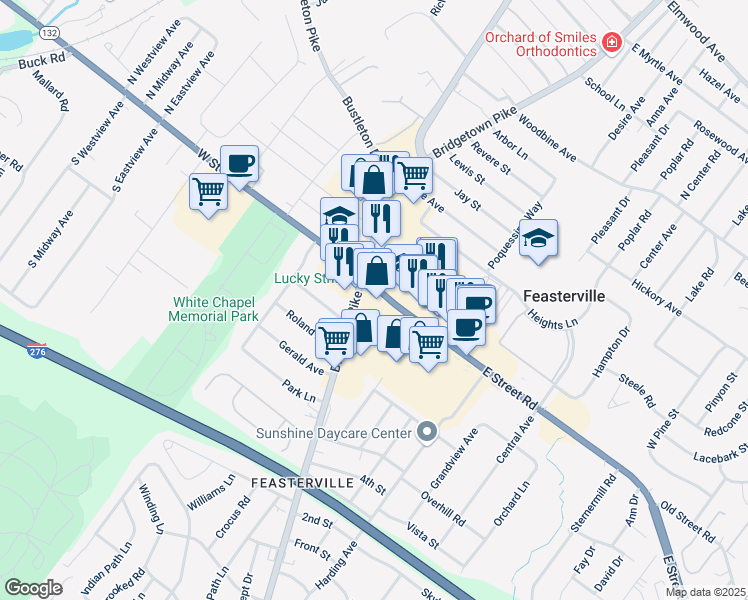 map of restaurants, bars, coffee shops, grocery stores, and more near 10 East Street Road in Feasterville