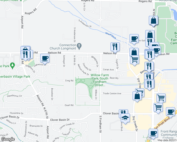 map of restaurants, bars, coffee shops, grocery stores, and more near 727 Timothy Drive in Longmont