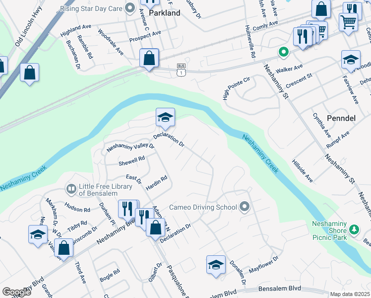 map of restaurants, bars, coffee shops, grocery stores, and more near 2901 Hamilton Court in Bensalem