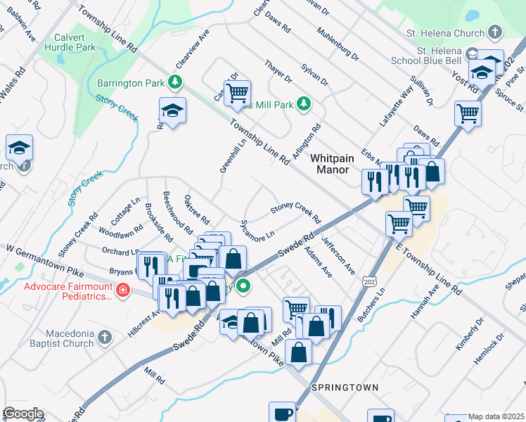 map of restaurants, bars, coffee shops, grocery stores, and more near 3107 Stoney Creek Road in Montgomery County