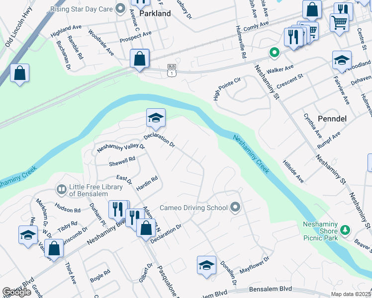 map of restaurants, bars, coffee shops, grocery stores, and more near 3005 Wistar Court in Bucks County