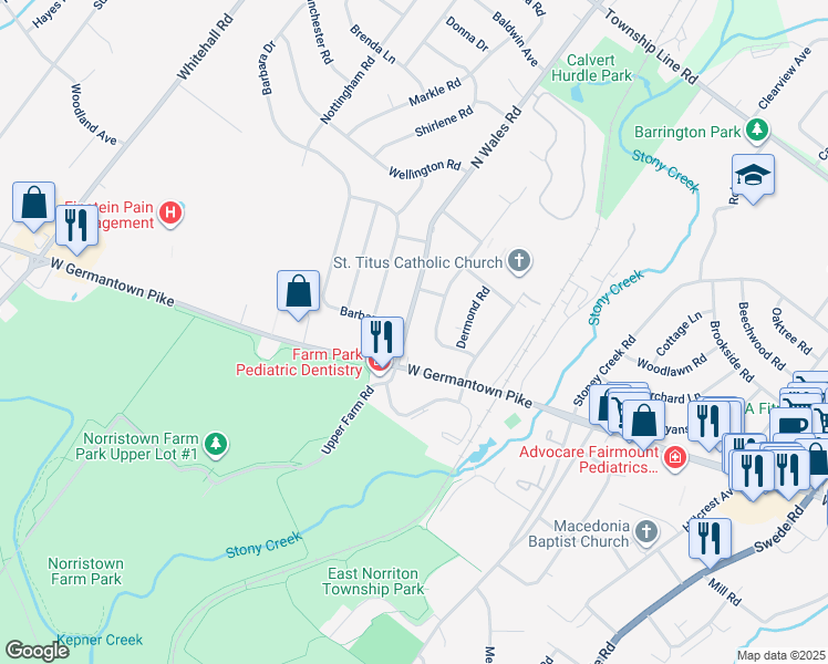 map of restaurants, bars, coffee shops, grocery stores, and more near 2913 North Wales Road in Eagleville