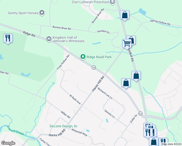 map of restaurants, bars, coffee shops, grocery stores, and more near 72 Ridge Road in Phoenixville