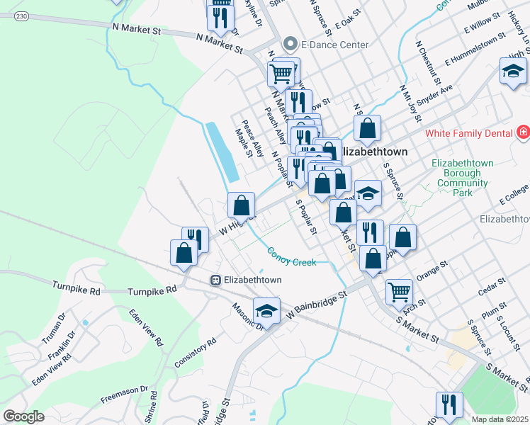 map of restaurants, bars, coffee shops, grocery stores, and more near 208 West High Street in Elizabethtown