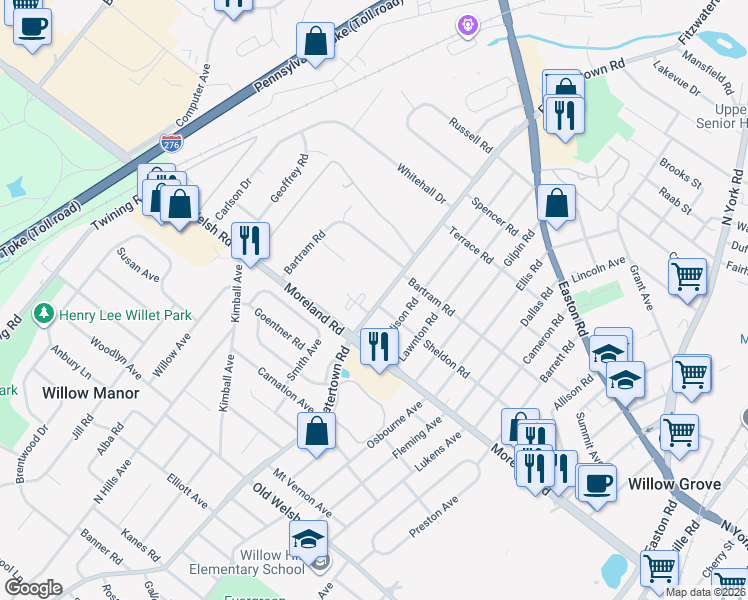 map of restaurants, bars, coffee shops, grocery stores, and more near 116 Fitzwatertown Road in Willow Grove